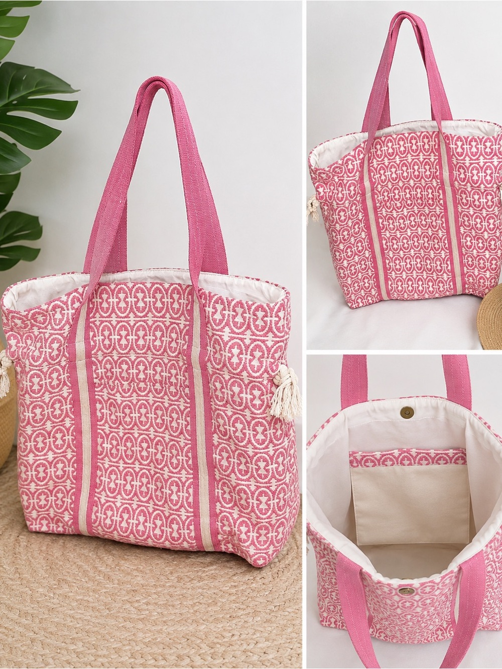 Pink & Macrame Patterned Beach Tote Bag – Everyday Carry